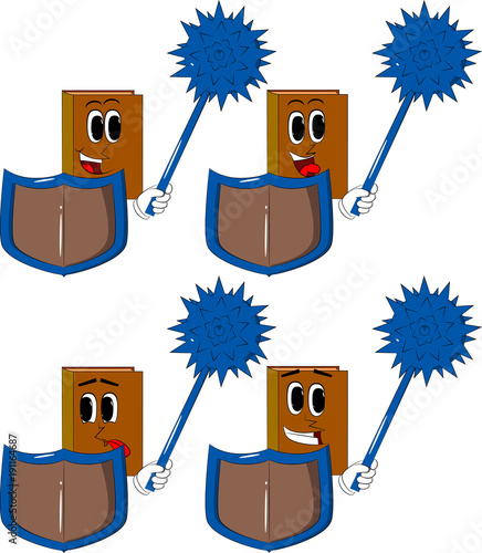Books holding a spiked mace and shield. Cartoon book collection with happy faces. Expressions vector set.