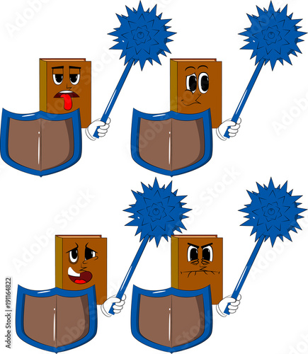 Books holding a spiked mace and shield. Cartoon book collection with sad, bored and angry faces. Expressions vector set.