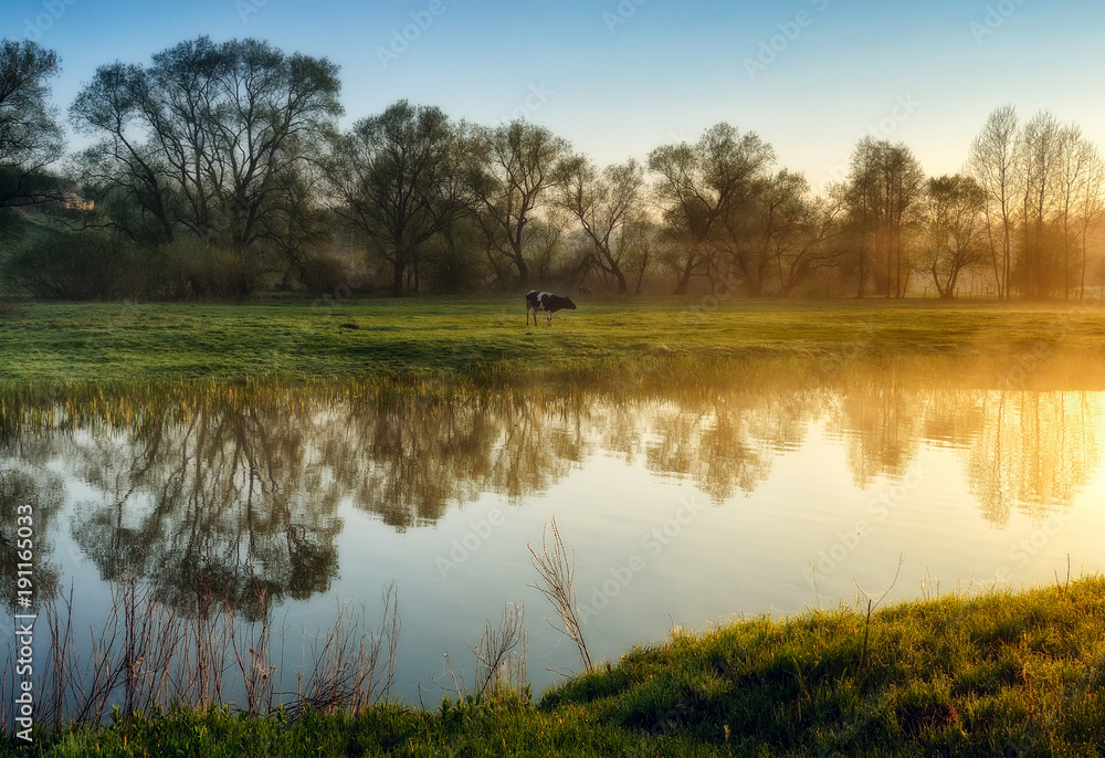 spring morning. a picturesque foggy dawn by the river. Sun rays spring morning. a picturesque foggy dawn by the river. Sun rays