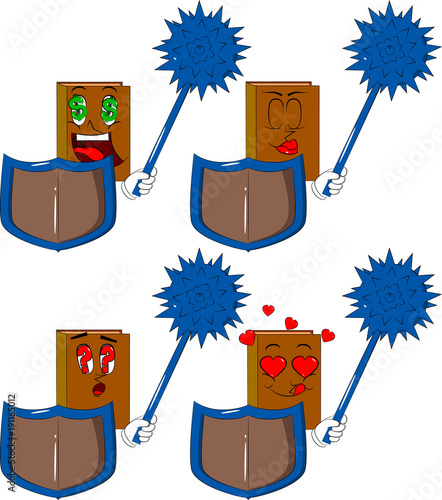 Books holding a spiked mace and shield. Cartoon book collection with various faces. Expressions vector set.