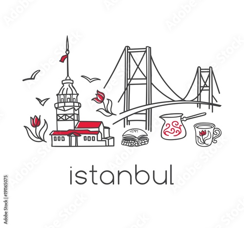 Istanbul. Hand drawn doodle turkish symbols: bridge, coffe cup, bagel, tower, tulip. Minimal design with black outline isolated on white. Modern vector illustration.