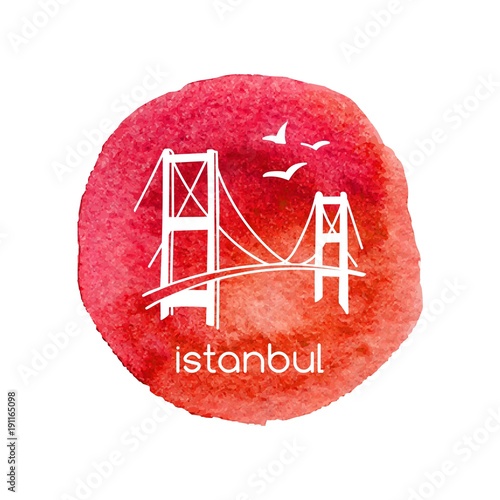 Hand drawn vector illustration Istanbul with hand drawn doodle turkish symbols: the bridge and seagulls. Simple minimalistic design of white outline on isolated bright red watercolor circle stain.