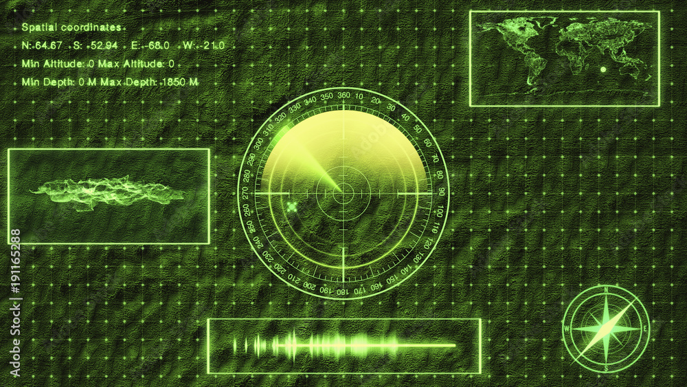 Submarine Sonar with target on map. HUD showing location, landscape surface and coordinates of target. Submarine Sonar with target on map. HUD showing location, landscape surface and coordinates of target.