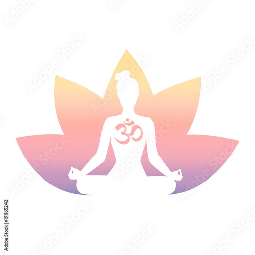 Meditation. Woman silhouette, religious symbol, lotus flower in pastel colors gradient. Isolated on white. Vector illustration for yoga studio logo, icon, poster, banner, label or card design.