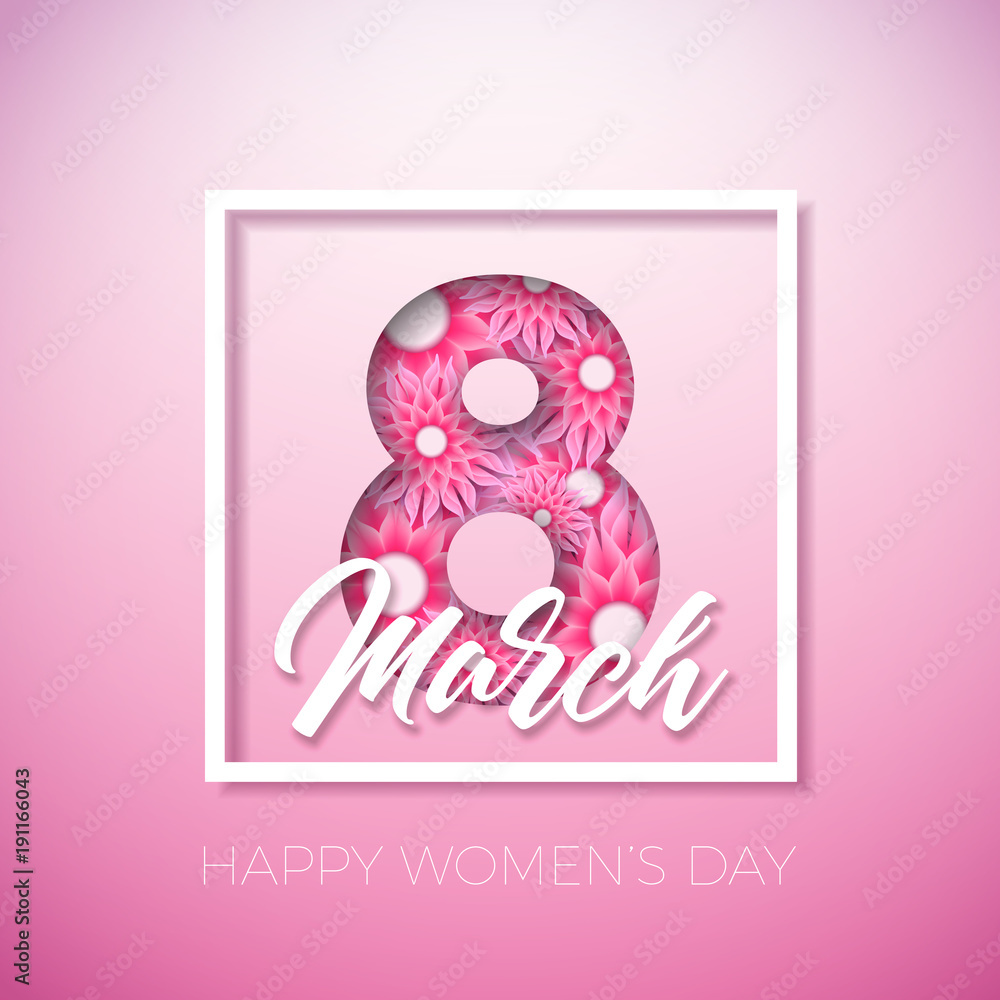8 March. Happy Women's Day Floral Greeting card. International Holiday Illustration with Flower Design on Pink Background. Vector Spring Template. 8 March. Happy Women's Day Floral Greeting card. International Holiday Illustration with Flower Design on Pink Background. Vector Spring Template.
