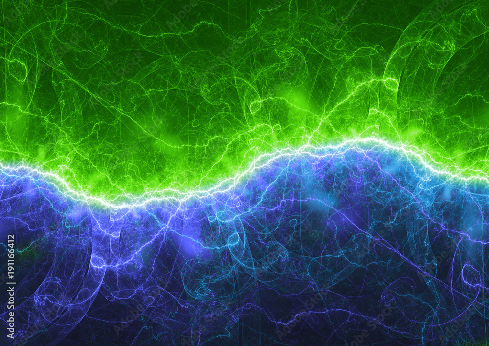 Blue and green electrical lightning, plasma power background