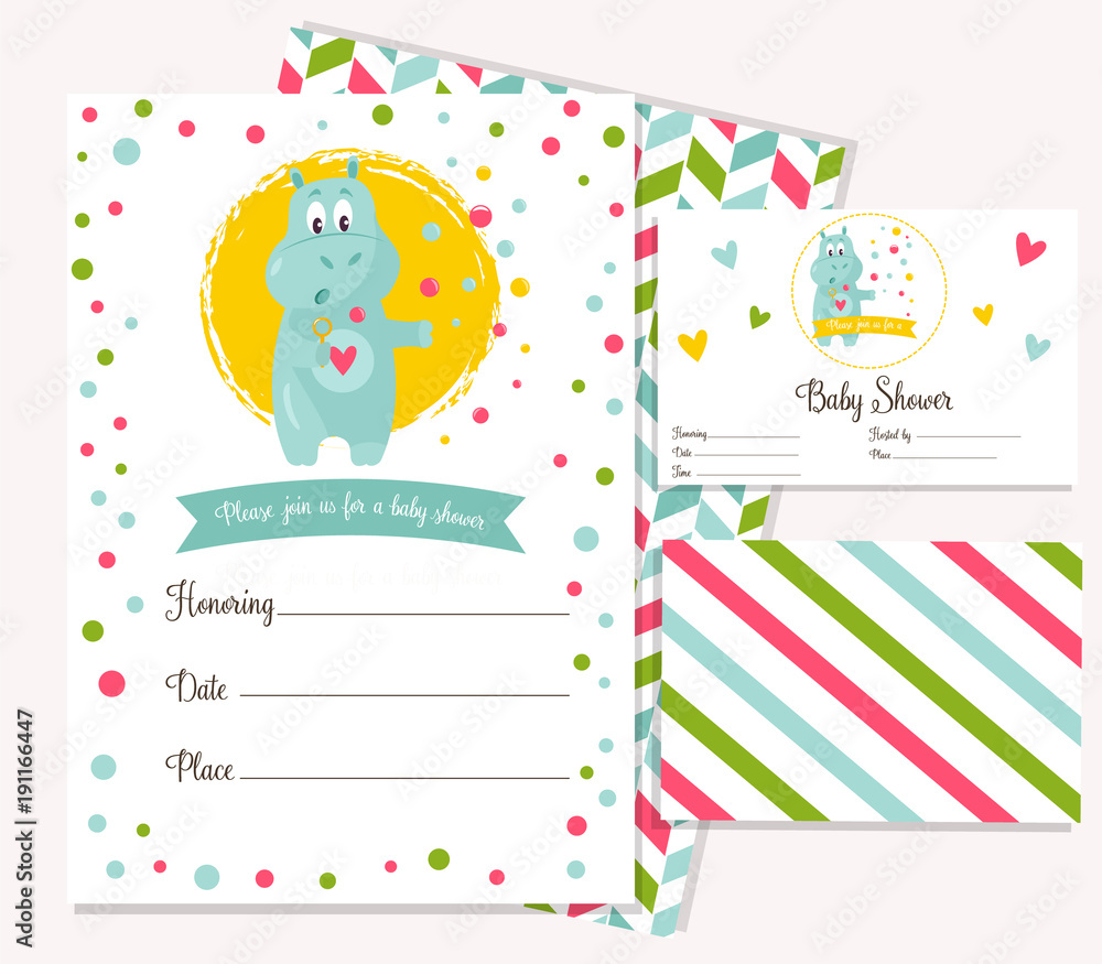 Baby shower invitation template with funny hippo