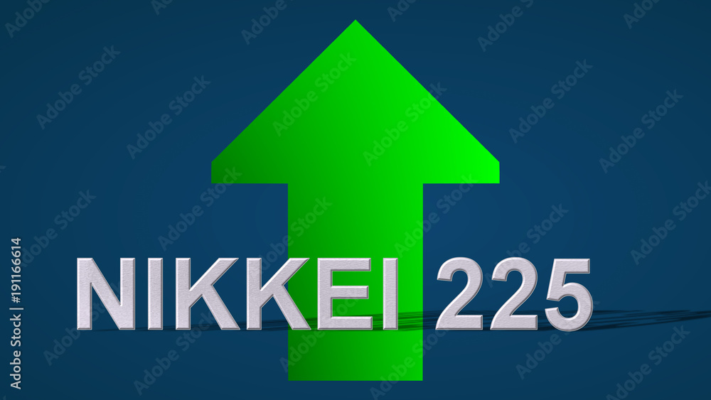 Fototapeta premium The Japanese stock market index Nikkei 225 is going up. A green arrow showing upwards on a blue background indicates the price rise.