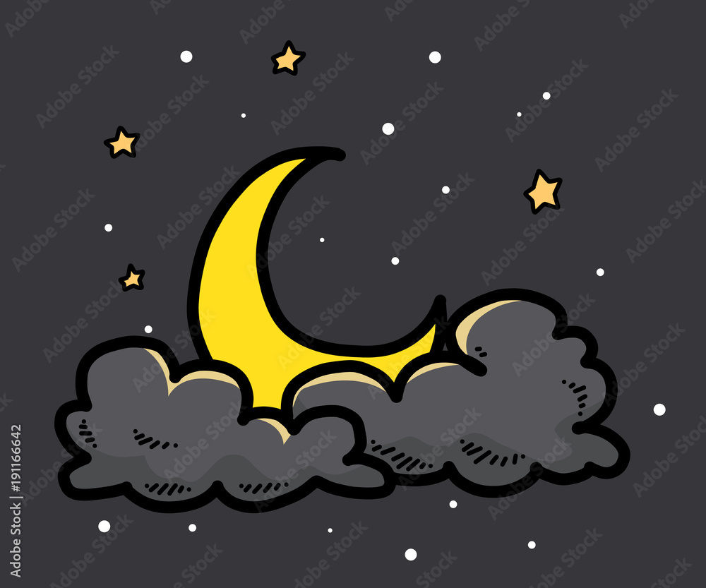 moon, cloud and sky / cartoon vector and illustration, hand drawn style, isolated on dark background.