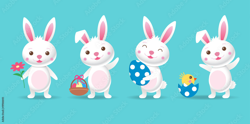 Cute cartoon easter bunny in 4 different poses, greeting card, banner design. Vector illustration Cute cartoon easter bunny in 4 different poses, greeting card, banner design. Vector illustration