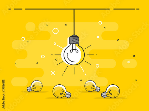Bright idea and insight concept with light bulb. Trendy flat vector light bulb icons with concept of idea on yellow background. 