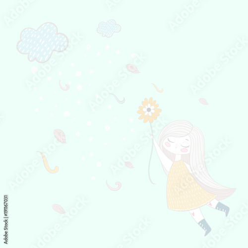 A small cloud blows and a sweet girl flies on a flower.