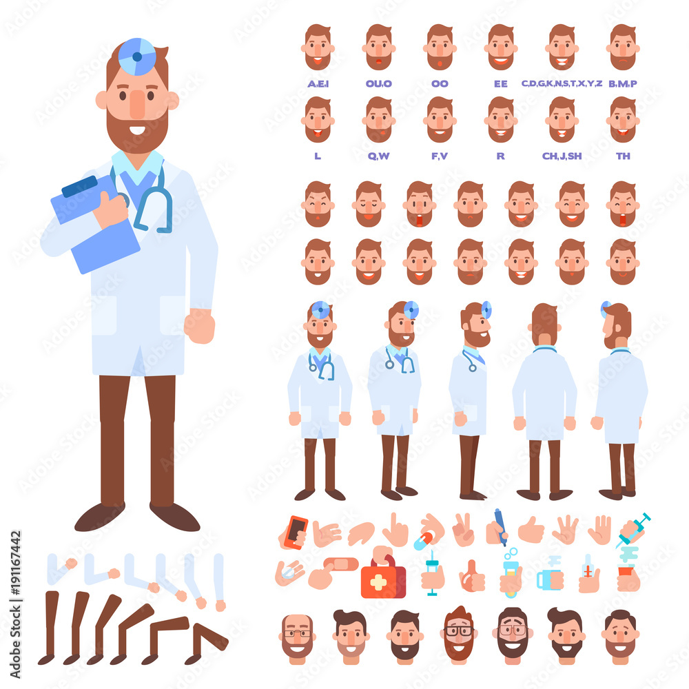 Flat Vector Male doctor character for your scenes. Character creation set with various views, hairstyles, face emotions, lip sync and poses. Parts of body template for design work and animation. Flat Vector Male doctor character for your scenes. Character creation set with various views, hairstyles, face emotions, lip sync and poses. Parts of body template for design work and animation.