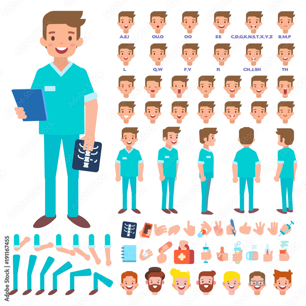 Flat Vector Male doctor character for your scenes. Character creation set with various views, hairstyles, face emotions, lip sync and poses. Parts of body template for design work and animation. Flat Vector Male doctor character for your scenes. Character creation set with various views, hairstyles, face emotions, lip sync and poses. Parts of body template for design work and animation.
