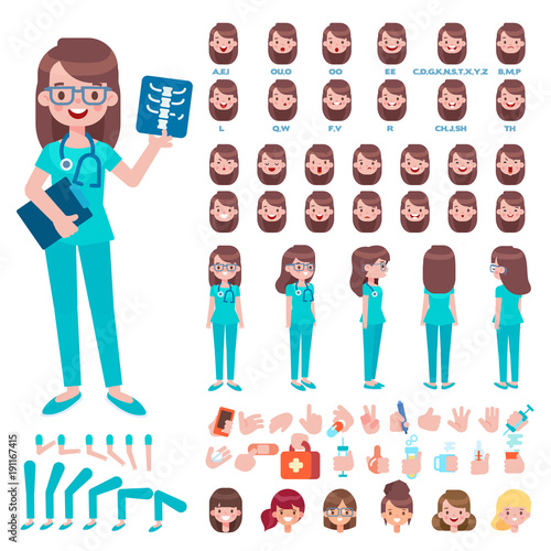 Front, side, back view animated character. Female doctor character creation set with various views, hairstyles, face emotions, poses and gestures. Cartoon style, flat vector illustration.