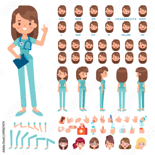 Front, side, back view animated character. Female doctor character creation set with various views, hairstyles, face emotions, poses and gestures. Cartoon style, flat vector illustration.