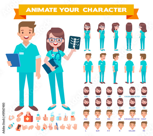 Front, side, back view animated characters. Male and Female doctors character creation set. Cartoon style, flat vector illustration.