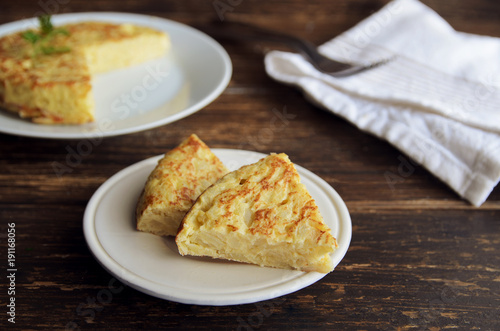 Slices of Tortilla, Spanish omelette made with eggs and potatoes. Traditional Spanish tapas or snack background.
