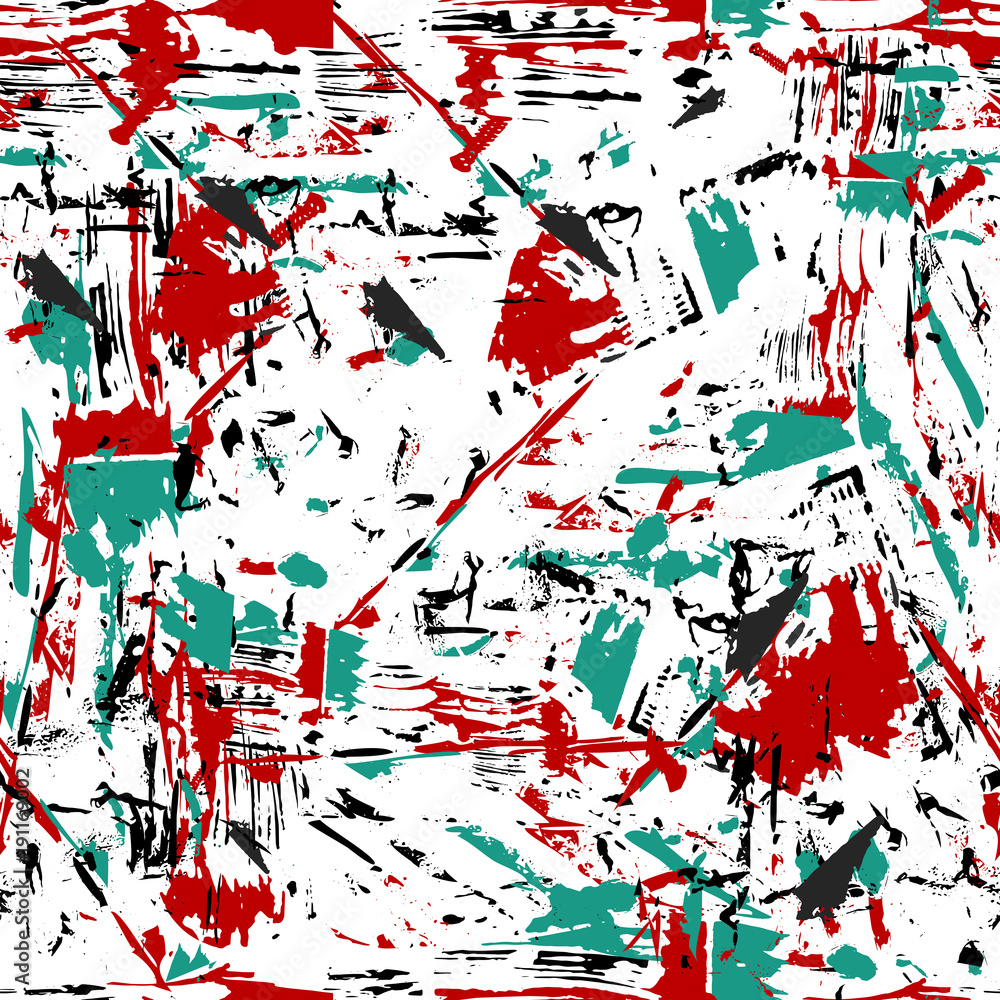 Abstract hand drawn brush strokes and paint splashes textures, seamless pattern	