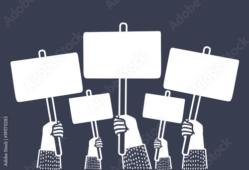 Riot demonstration, crowd of people with empty posters with place for text, flat illustration isolated on white.