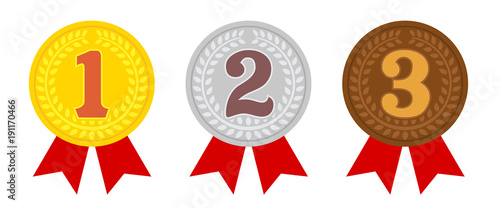 ranking medal icon illustration set. from 1st place to 3rd place. 3 colors (gold/silver/bronze)