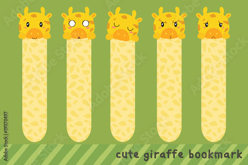 Animal printable bookmark template. Cute giraffe with different expressions, bookmark vector.