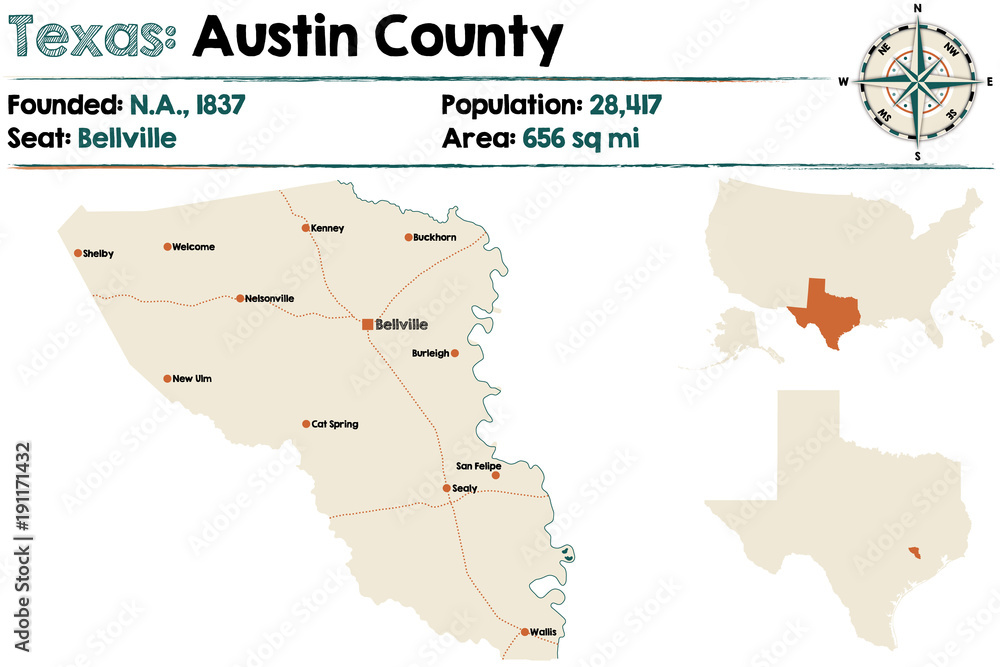 Detailed map of Austin county in Texas, USA