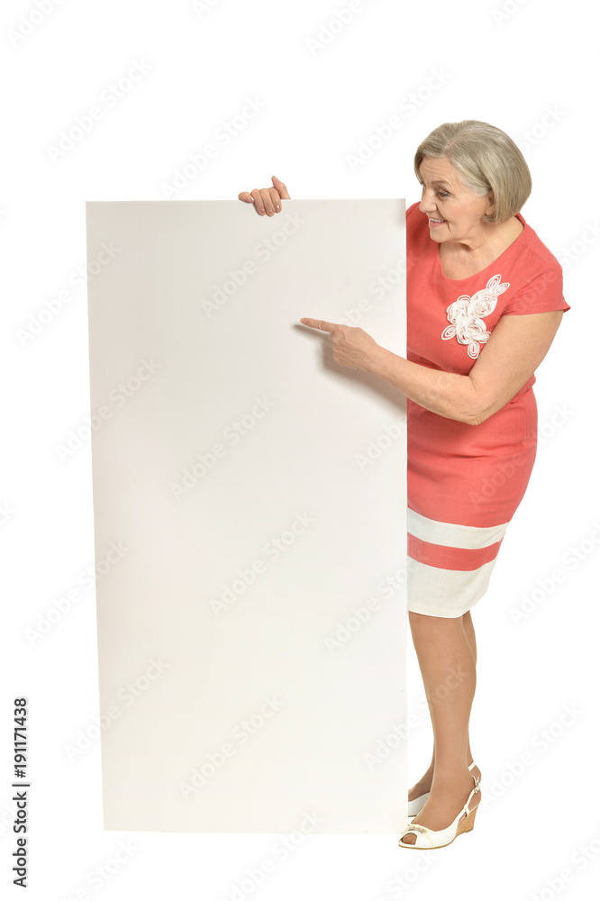 elderly woman pointing to blank card elderly woman pointing to blank card