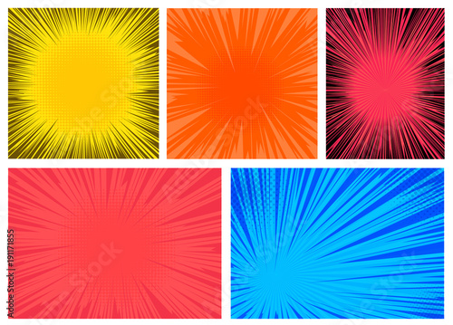Set of colorful radial lines comics style background. Manga action, speed abstract. Vector illustration. Isolated on white background © Anatoliy