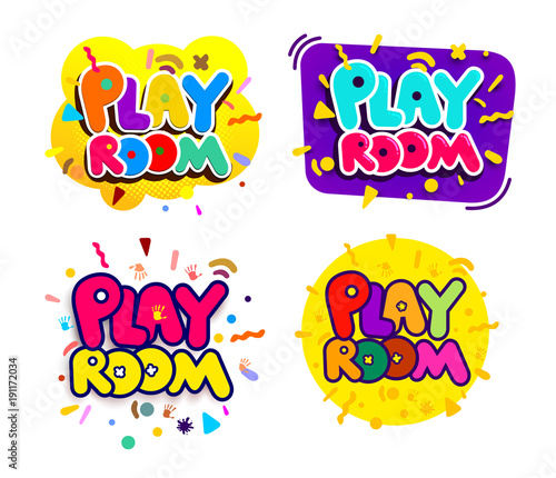 Set of playroom kids colorful logos. Children Playground. Banner design cartoon fun vector illustration. Isolated on white background