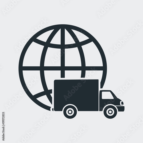 Icono plano esfera mundo con camion en fondo gris