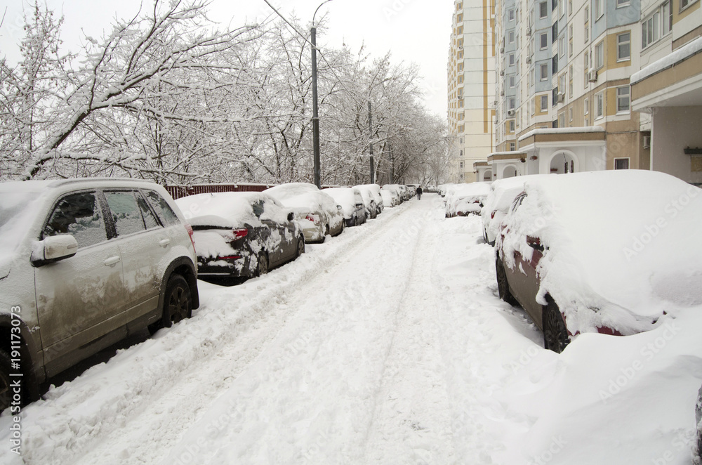 Fototapeta premium Moscow courtyard flooded with snow after snowfall February 3 2018