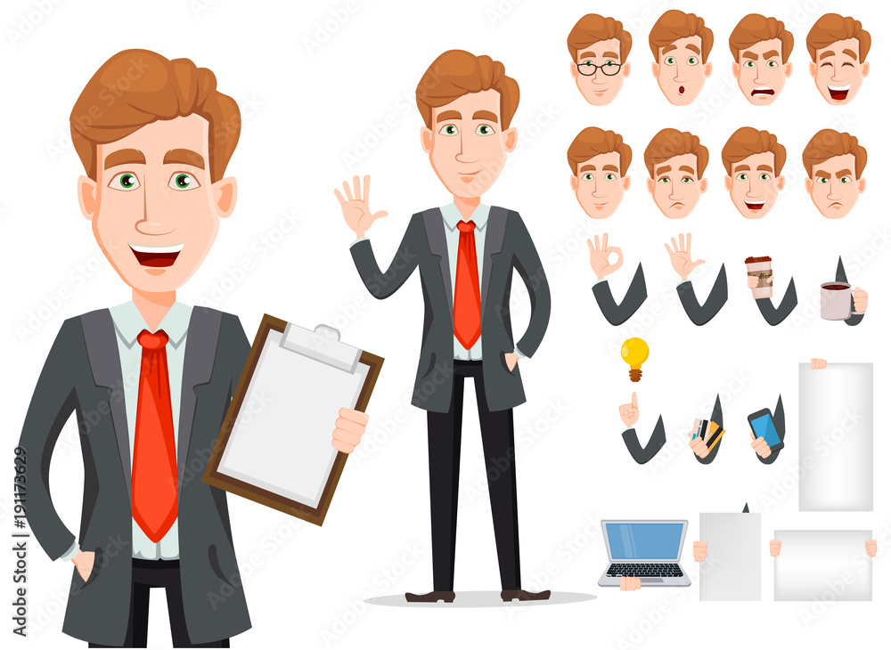 Business man with blond hair, cartoon character creation set Business man with blond hair, cartoon character creation set
