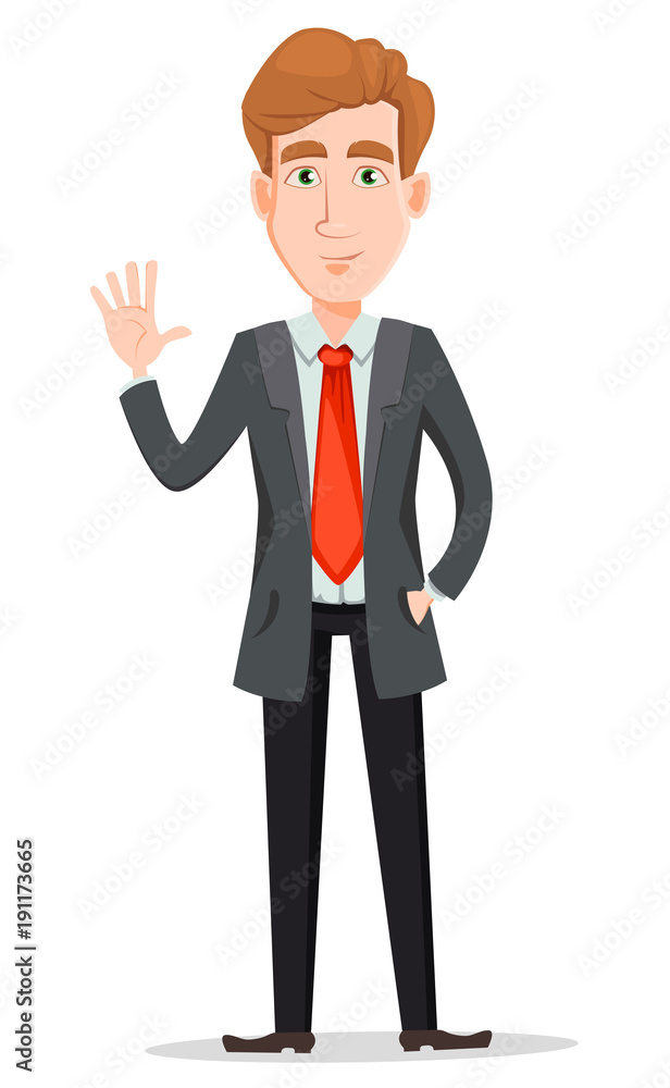 Handsome businessman in suit waving hand Handsome businessman in suit waving hand