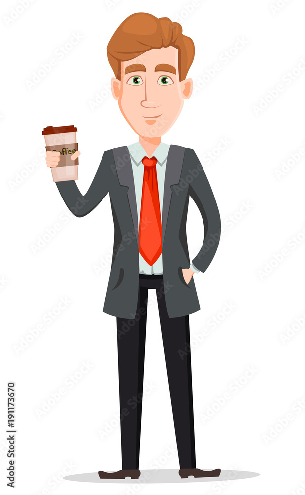 Handsome businessman in suit holding coffee