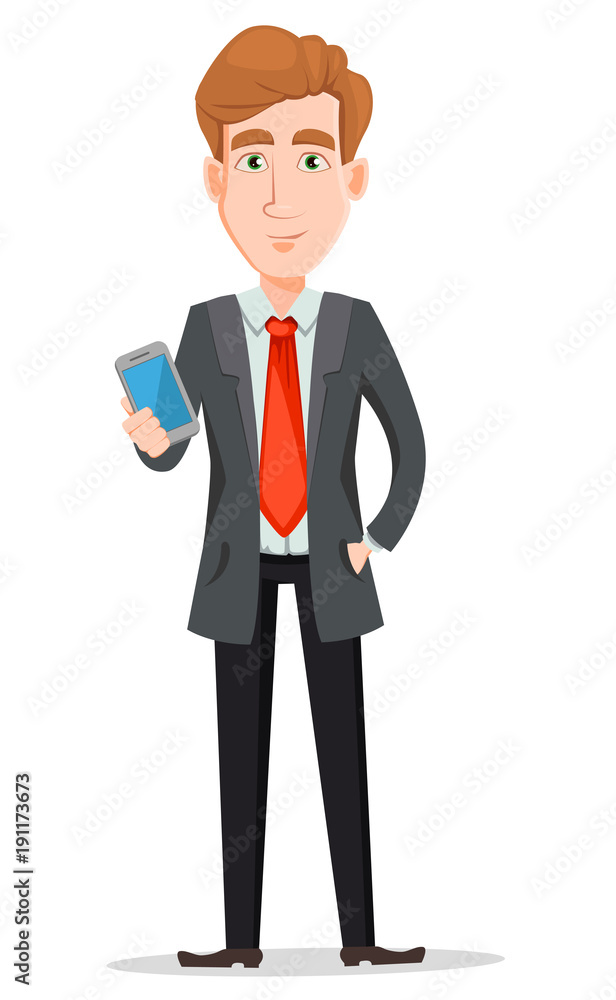 Handsome businessman in suit holding modern smartphone