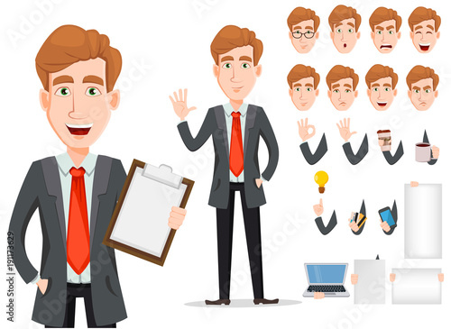 Business man with blond hair, cartoon character creation set