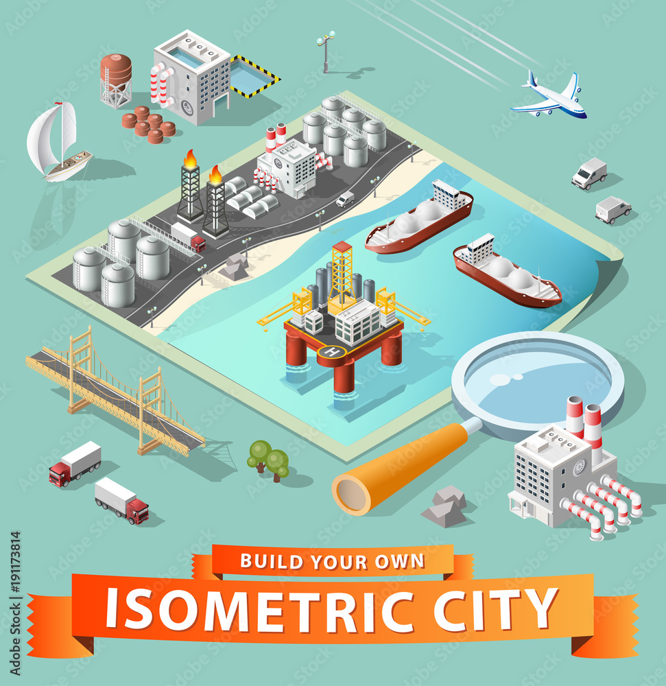Set of Isolated High Quality Isometric City Elements. Refinery and Oil Platform on White Background Set of Isolated High Quality Isometric City Elements. Refinery and Oil Platform on White Background