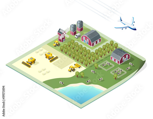Set of Isolated High Quality Isometric City Elements. Farm on White Background