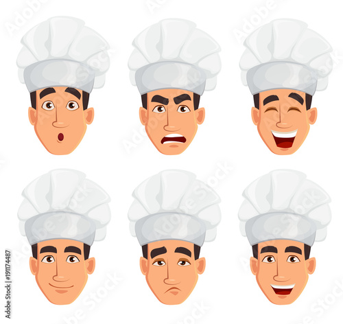 Face expressions of young professional chef man