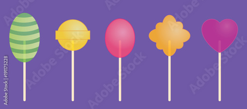 Flat vector: a set of five transparent candies. Appetizing delicious sweets. © ekaterina0609