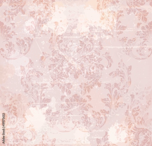 Vintage Baroque ornament Vector. Royal victorian grunge background. Trendy pink color fabric textures