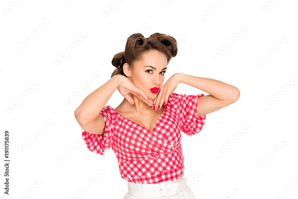 portrait of beautiful young woman in retro style clothing isolated on white portrait of beautiful young woman in retro style clothing isolated on white