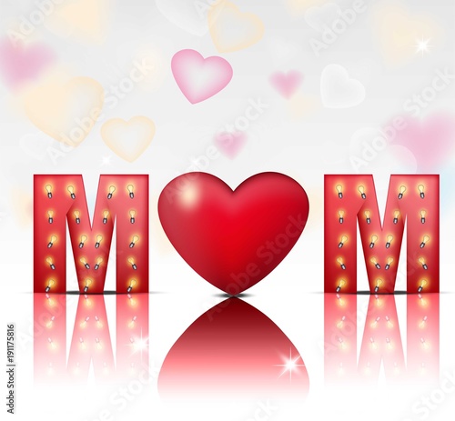 Love Mom text card Vector. Lights backgrounds
