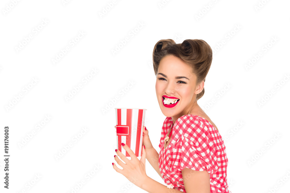 portrait of stylish young woman eating popcorn isolated on white portrait of stylish young woman eating popcorn isolated on white