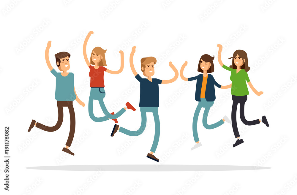 Vector illustration of happy young group of people jumping on a white background. The concept of friendship, emotions success. Vector illustration of happy young group of people jumping on a white background. The concept of friendship, emotions success.