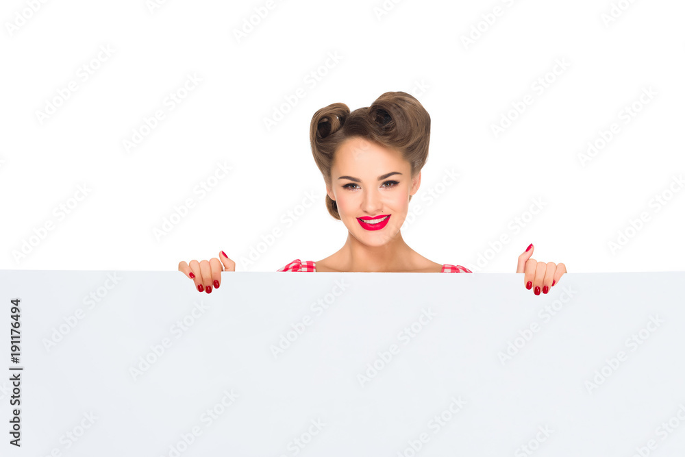 portrait of stylish woman holding blank banner isolated on white portrait of stylish woman holding blank banner isolated on white