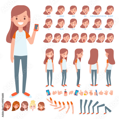 Front, side, back view animated character. Teenage girl character creation set with various views, hairstyles, face emotions, poses and gestures. Cartoon style, flat vector illustration.