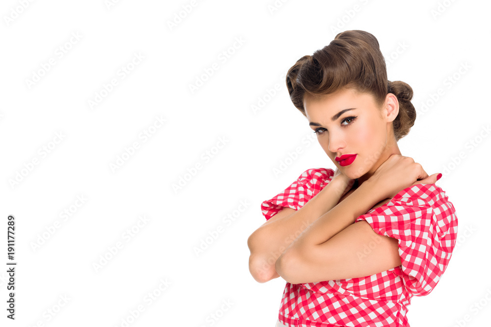 portrait of attractive young woman in retro clothing isolated on white portrait of attractive young woman in retro clothing isolated on white