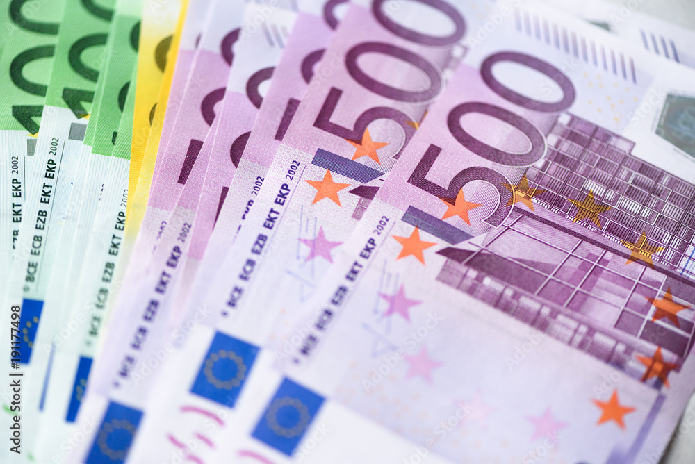 Euro currency money banknotes background. Payment and cash concept. Announced cancellation of five hundred euro banknotes. Top view Euro currency money banknotes background. Payment and cash concept. Announced cancellation of five hundred euro banknotes. Top view